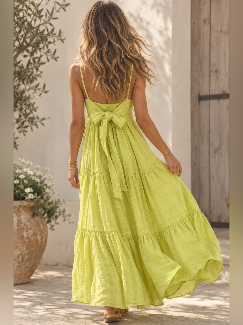 Haute Hippie Bright Chartreuse Yellow Textured Tiered Tank Maxi Dress